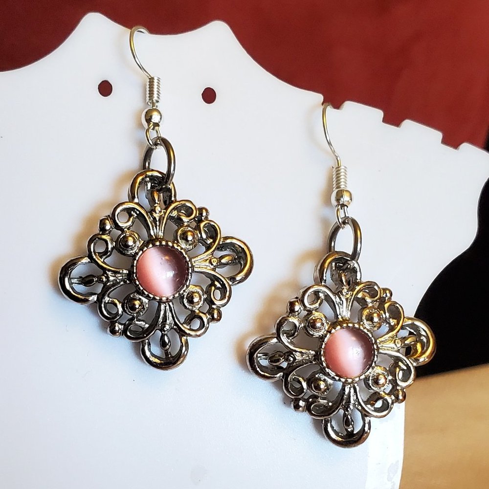 Silver Tone Hook Intricate Design Pink Earrings